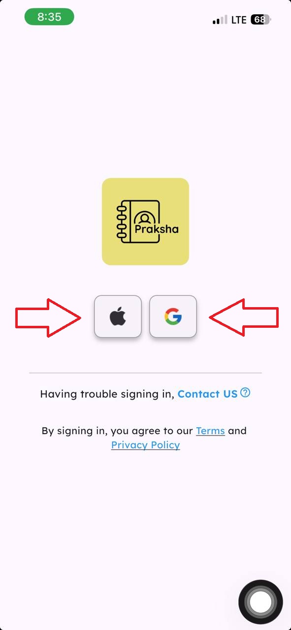 Praksha sign in screen with Apple and Google buttons