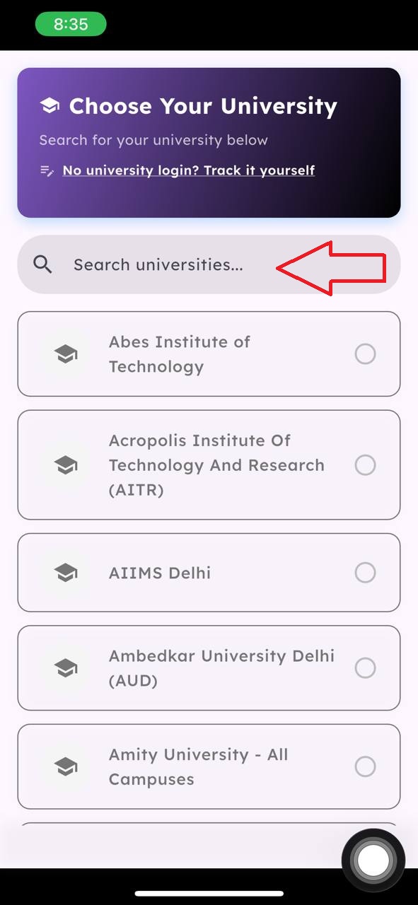 Choose Your University search screen