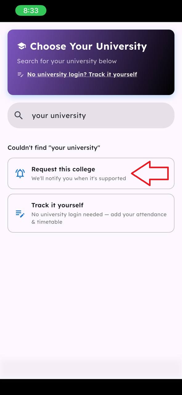 Couldn't find your university screen with Request this college and Track it yourself options