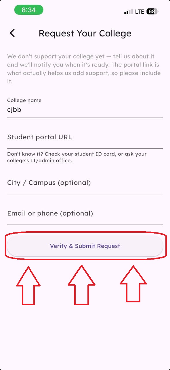 Request Your College form with college name, student portal URL fields, and the Verify and Submit Request button